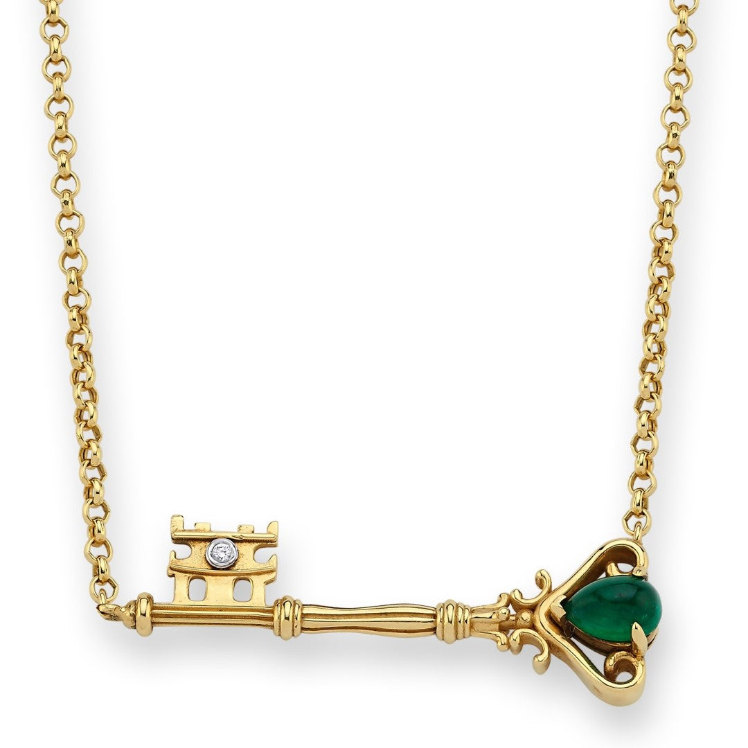 Antique Key With Natural Emerald &amp; Golden Chain